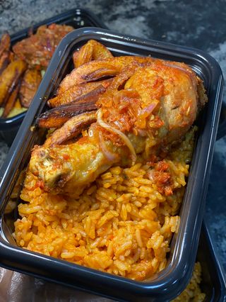 Jollof rice, Plantain and Peppered Chicken