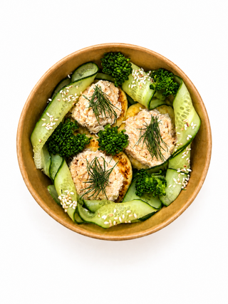 Salty сheesecakes with poached Norwegian salmon and green vegetables