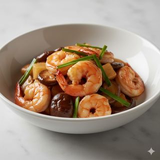 Gambas con bambú y setas