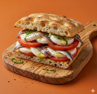 Millefoglie di bufala, pomodoro e acciughe del Cantabrico