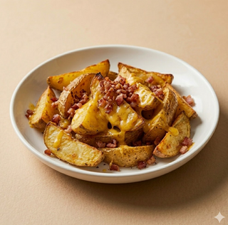 Patate fresche con buccia, bacon tritato e cheddar filante