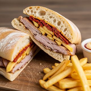 Porchetta, patatine e pomodoro secco