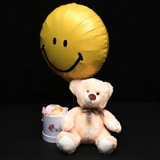 Set Ursuleț Mediu, Cutie cu Macarons și Balon Smile