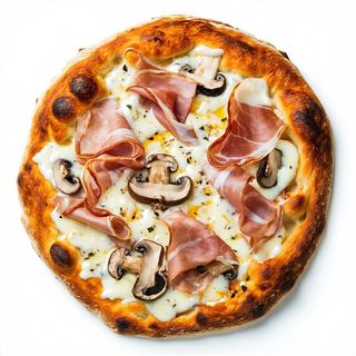 Pizza bianca prosciutto e funghi - al piatto