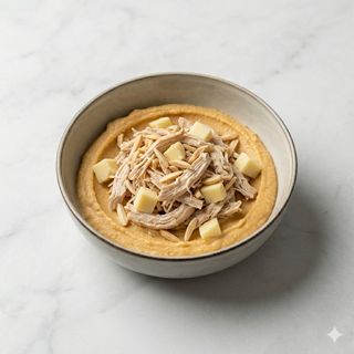Sfilacci di pollo cotto a bassa temperatura, mandorle e caciocavallo