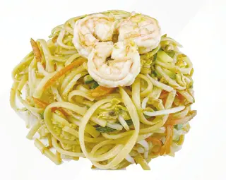 37. Spaghetti sulla piastra con verdure uova e gamberi*