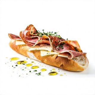 Bocadillo De Jamón Serrano, Queso Mojarero, Orégano Y Aceite De Oliva