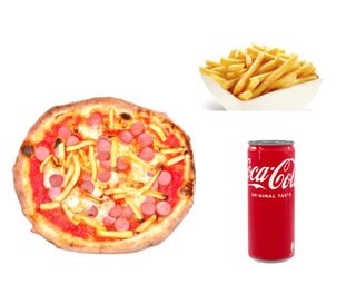 Al wurstel e patatine con patatine fritte e bevanda a scelta