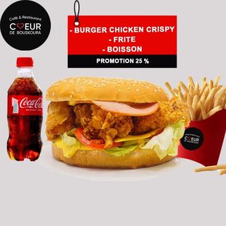 Burger Chicken Crispy avec frits, boisson gratuit 