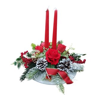 centrotavola natalizio rosso articificiale 2 candele