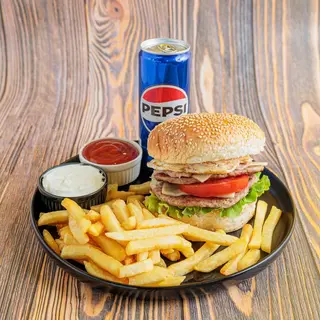 Vratolomija burger, 200g pomfrita i Pepsi