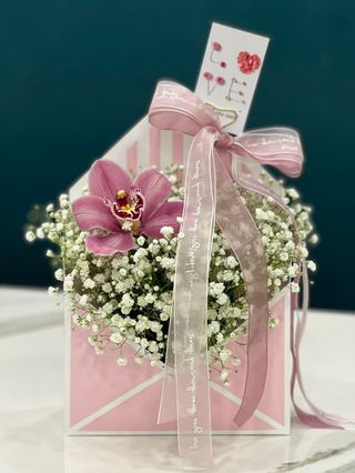 Конверт с белой гипсофилой и цимбициумом