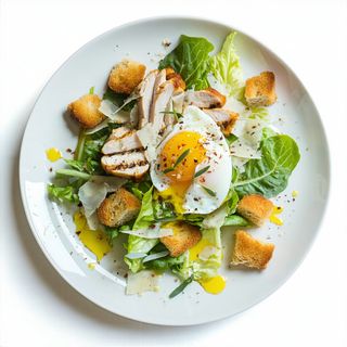 Salată Caesar cu piept de pui și ou poșat