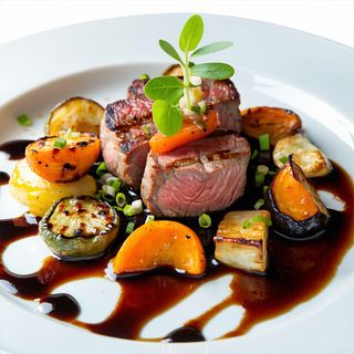 Ღორის მედალიონი ბოსტნეულის გარნირიᲗ