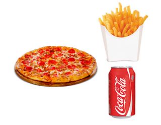 Menú infantil pizza (pequeña) + 1 ingrediente + patatas + bebida