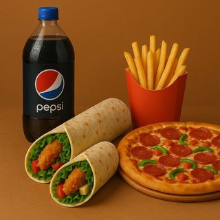 2 Durum o Pitas o Camperos + Pizza Familiar + Patatas + Refresco 2L