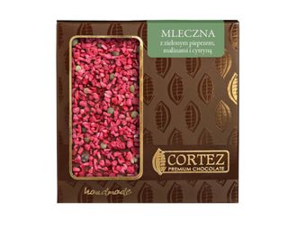 CZEKOLADA MLECZNA Z ZIELONYM PIEPRZEM, MALINĄ I CYTRYNĄ 85G