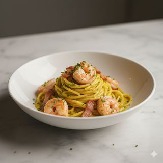 Spaghetti alla chitarra gamberi, curry e pancetta