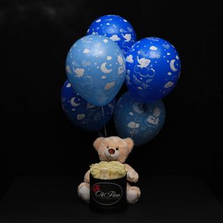 Set Ursuleț Mediu. Baloane Albastre pentru Băieței și Cutie Mică cu Trandafiri