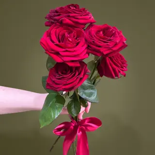 Buchet cu 5 trandafiri rosii si fundita