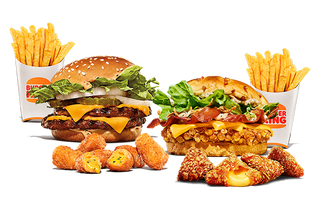 2 Hambúrgueres + Acompanhamento À Escolha + 2 Porções De Batatas Fritas