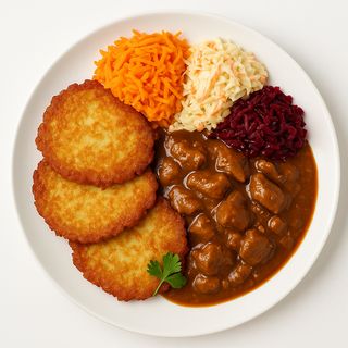 Placki ziemniaczane z gulaszem wieprzowym i surówkami 500g