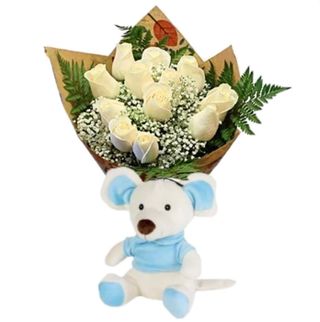 NIDO NIÑO (12 Rosas BL & Peluche) 12,41