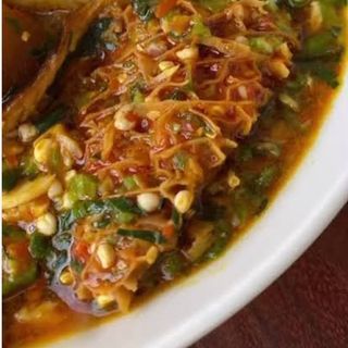 Okro mixed with shaki, cowleg and chicken drumsticks 