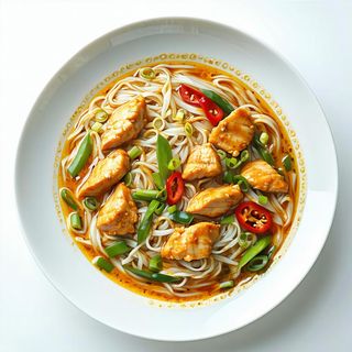 Spaghetti di riso con pollo al curry