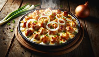 Пилешки хапки с топено сирене, сметана и лук