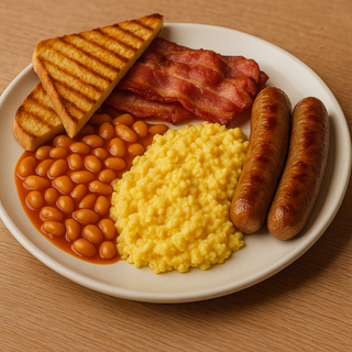 English breakfast con huevos revueltos