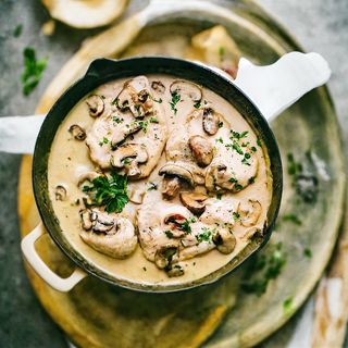 Пиле с гъбен сос и гарнитура(300г)