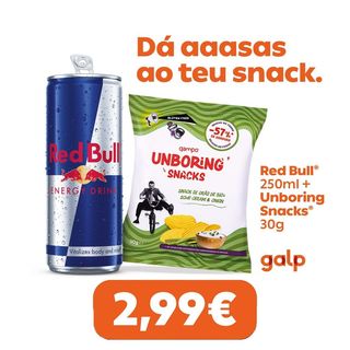 Promoção Snack Unboring 30gr + RedBull 25cl à Escolha