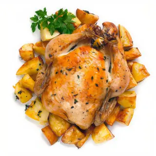 Pollo campero asado con patatas fritas