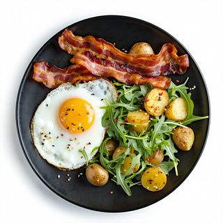 Bacon, patatas, ensalada y huevo