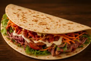 Piadina doppia carne, insalata, carota, pomodoro e cipolla