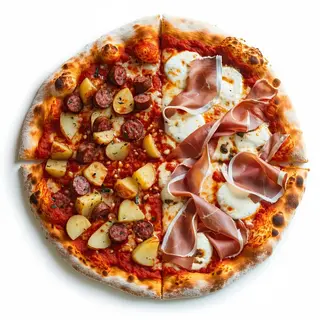 Metà pizza salsiccia e patate e metà saltimbocca con prosciutto crudo e mozzarella di bufala campana