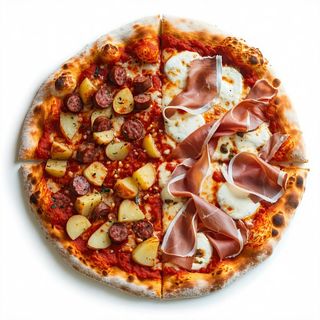 Metà pizza salsiccia e patate e metà saltimbocca con prosciutto crudo e mozzarella di bufala campana