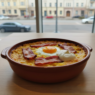 Mămăliguţă cu brânză burduf, bacon, ou şi smântână, la cuptor 450 gr