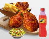 2 Pieces of fried chicken, chips, soda and a salad