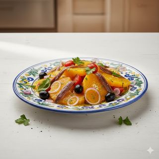 Insalata di arance, cipollotto, acciughe, olive e prezzemolo