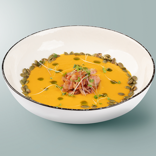 გოგრის კრემ-სუპი მობრაწული ბეკონით