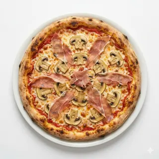 Pizza de funghi y prosciutto (mediana)