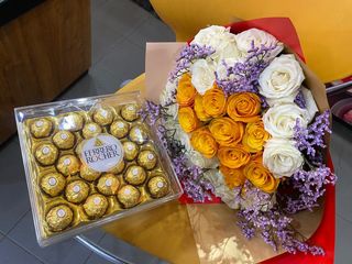 Harmonious Radiance: White & Orange Roses with  Ferrero T24 Chocolates