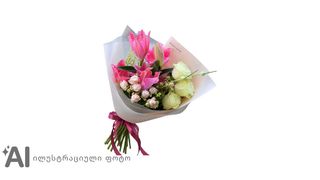 ჰოლანდიური ლილიების სპრეი და ცალთავიანი ვარდების ალიუმის თაიგული
