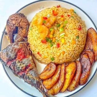 Plantains with fried rice and titus fish 