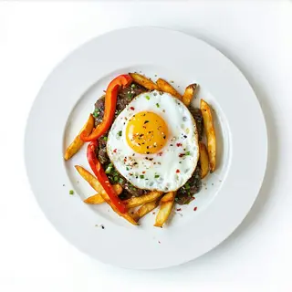 Lomo, Huevo Frito Con Pimientos Y Patatas