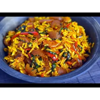 Native Rice with Eja Kika, Egg and Plantain