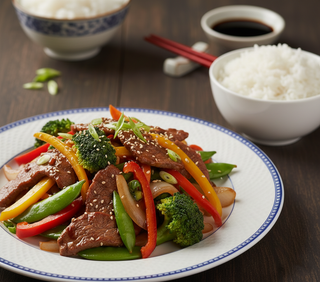 Телешко със зеленчуци с гарнитура ориз (350г)