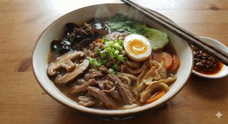 Pasta con funghi shiitake, carne e uova